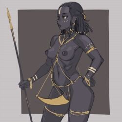 1girs black_hair brown_eyes earrings holding lips mikoyan muscular nipples sketch solo tribal very_dark_skin