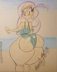 1girls alexcartoons2005 artist_signature ass beach big_breasts breasts cartoon_network drawn drink fat_ass female looking_at_viewer looking_back mighty_magiswords purple_hair sketch tagme thick_thighs vambre_warrior