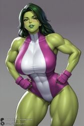 1female 1girl 1girls 2026 abs ai_generated animification artist_name ass_visible_through_thighs bare_shoulders biceps big_ass big_breasts breasts clenched_hands colored_skin covered_collarbone covered_navel cowboy_shot curvy fingerless_gloves gloves green_eyes green_hair green_lips green_skin grey_background hands_on_hips hi_res high_quality high_resolution highres huge_ass huge_breasts impossible_clothes impossible_leotard large_breasts leotard lips long_hair looking_at_viewer makeup marvel marvel_comics muscular muscular_female parted_lips patreon patreon_username purple_gloves purple_leotard she-hulk simple_background smile solo standing superhero thick_thighs thighs two-tone_leotard unjobdespiert watermark white_leotard