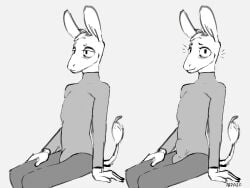 2025 4:3 7b7a2f absurd_res anthro black_and_white bulge clothed clothing digital_media_(artwork) digital_painting_(artwork) equid equine erection grey_background hi_res looking_at_viewer looking_away male mammal monochrome multiple_scenes painting_(artwork) signature simple_background sitting smile solo tail