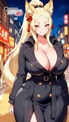 ai_generated black_stockings blonde_hair boosterred99 breasts cleavage coat earrings female hair_ornament high_school_dxd huge_breasts naughty_face seductive_smile smile stockings street thick_thighs thighs trenchcoat yasaka_(high_school_dxd)