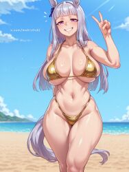 ai_generated alternate_breast_size beach_background big_breasts bikini child_bearing_hips civitai clouds commentary_request female gold_bikini gold_ship_(umamusume) high_resolution highres horse_ears horse_girl huge_breasts large_breasts looking_at_viewer magenta_eyes mahir0n ocean purple_hair sand silver_hair smile solo solo_female solo_focus tagme thick_thighs umamusume umamusume_pretty_derby v_sign water white_skin