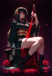 1girls ai_generated arm_support balecxi bangs bare_legs black_footwear black_hair black_kimono blood blood_on_weapon boots breasts clothing colored_shoe_soles cross-laced_footwear curvaceous curvaceous_female curvaceous_figure curvy curvy_figure dagger earrings falling_petals female female_focus floral_print flower footwear glowing_eyes glowing_weapon gold_earrings gold_hairband hair_flower hair_ornament hairband high_heel_boots high_heels holding holding_sword holding_weapon japanese_clothes jewelry katana kimono knees_together_feet_apart lace-up_boots large_breasts legs lips long_hair long_sleeves looking_at_viewer obi obijime parted_lips petals planted platform_footwear red_eyes red_flower red_lips red_nails red_rose reverse_grip robe rose rose_petals rose_print sash shoes short_hair_with_long_locks short_kimono sidelocks sitting solo spikes spy_x_family stiletto_(weapon) stiletto_heels sword thighs traditional_clothes two-sided_fabric voluptuous voluptuous_female wafuku weapon wide_sleeves yellow_hairband yor_briar yor_forger