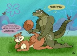 all_fours alligator alligatorid annoyed anthro anthro_on_anthro anthro_penetrated anthro_penetrating anthro_penetrating_anthro ass balls breasts brown_body brown_fur crocodilian dialogue duo english_text female female_penetrated fur genitals green_body green_scales kneeling male male/female male_penetrating male_penetrating_female mammal nickelodeon nipples nude nude_anthro nude_female nude_male penetration penile penile_penetration penis reptile rod_garth rodent sandy_cheeks scales scalie sciurid scooterbark sex singing speech_bubble spongebob_squarepants tail tail_grab text tree_squirrel