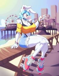 2025 anthro beatrice_(sozokuu) big_breasts blue_hair blush blushing_at_viewer breasts chest_tuft cleavage clothed clothing cute female fingers fur furry furry_female furry_only hair hi_res hot huge_breasts lagomorph leporid long_ears looking_at_viewer mammal pink_eyes rabbit shirt short_hair small_waist solo sozokuu thick thick_legs thick_thighs thighs thong thunder_thighs white_body white_fur wide_hips