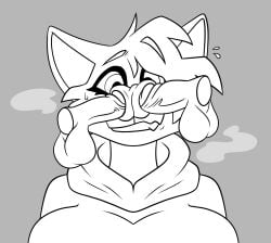 anthro bella_(snugglefox22) canid canine disembodied_penis fox futanari genitals group herm hi_res intersex intersex/intersex male mammal monochrome nasal nasal_insertion nasal_penetration nosejob noseplay offscreen_character penis penis_sniffing pupperstar smell sniffing trio