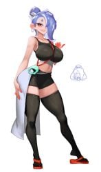 1girls artist_logo black_thighhighs blue_hair breasts earrings female hair_over_one_eye hoop_earrings large_breasts little_blood looking_at_viewer navel nintendo octoling octoling_girl red_eyes sandals shiver_(splatoon) shiver_(splatoon_raiders) short_hair simple_background solo solo_female solo_focus splatoon splatoon_raiders tentacle_hair thighhighs white_background
