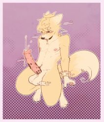 animal_genitalia animal_penis anthro balls blush blush_lines bodily_fluids canid canine cum equine_genitalia equine_penis erection femboy fennec_fox fox fur genital_fluids genitals hi_res male mammal musk musk_clouds neonsheath nipples nude_anthro nude_male one_eye_closed penis pink_background purple_background simple_background solo thick_thighs true_fox yellow_body yellow_fur