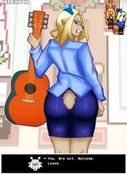 angry angry_expression angry_eyes angry_face big_ass blazer blonde_female blonde_hair blonde_hair blue_eyes blue_horn blue_horns blue_lips blue_lipstick carol_holiday carol_holiday_(fanmade) deer deer_ears deer_girl deer_horns deer_humanoid deer_tail deltarune deltarune_chapter_4 english english_dialogue english_text furry grabbing guitar high_quality high_resolution highres josexo4k looking_at_viewer looking_back reindeer reindeer_ears reindeer_girl reindeer_horns reindeer_humanoid reindeer_tail simple_background skirt suit suit_jacket text text_box text_bubble thight_clothing