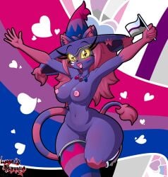 2025 absurd_res anthro areola bangs bent_leg bisexual_pride_colors black_lipstick blush bodily_fluids breasts cleft_of_venus clothing collarbone demisexual_pride_colors digital_media_(artwork) ears_through_headwear eyelashes felid female flag flag_(object) footwear generation_4_pokemon genital_fluids genitals glowing glowing_eyes hair happy hat headgear headwear hi_res holding_flag holding_object holding_pride_flag innie_vulva jewelry legwear lgbt_pride lgbt_pride_month lipstick long_hair looking_at_viewer lunaris_parukia maggie_(lunaris_parukia) magic_user makeup mammal markings mismagius navel necklace nintendo nipples nude open_mouth open_smile orange_eyes pattern_clothing pattern_footwear pattern_legwear pattern_socks pattern_stockings pattern_thigh_highs pink_areola pink_hair pink_nipples pink_tongue pokemon pokemon_(species) pokemorph pride_color_background pride_color_clothing pride_color_face_paint pride_color_jewelry pride_color_legwear pride_color_necklace pride_color_stockings pride_color_thigh_highs pride_color_thigh_socks pride_colors pride_month_2025 purple_body raised_arms simple_background smile smiling_at_viewer socks solo spread_arms stockings striped_clothing striped_footwear striped_legwear striped_markings striped_socks striped_stockings striped_tail striped_thigh_highs stripes tail tail_markings tail_tuft thick_thighs thigh_highs tongue tuft vaginal_fluids vulva witch witch_hat yellow_sclera