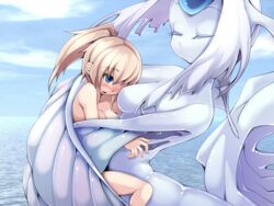 2girls blonde_hair blue_eyes blush breasts cecil_(mon-musu_quest!) charybdis_(mon-musu_quest!) cleavage closed_eyes dgallon female fins hug imminent_rape large_breasts medium_breasts mon-musu_quest! monster_girl monster_girl_quest multiple_girls no_nipples nude yuri