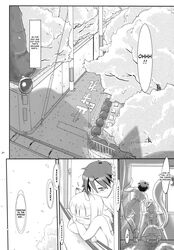 after_sex afterglow animal_ears ass big_breasts blush breasts drowsy female fox_ears fox_tail hair human konmori_(kinbou_sokai) male street tree wood