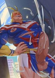 1boy all_might bara barazoku big_penis blonde_hair blue_eyes blush closed_eyes cock_focus cock_worship cum_mess cum_shot cumming cumshot erect_nipples erect_penis exposed_penis gay grin hands_on_hips huge_cock image_sequence image_set male male_focus male_only masculine masculine_male massive_penis mature_male muscles muscular muscular_male my_hero_academia nipples_exposed nipples_visible_through_clothing penis_focus penis_worship pleasure_face ripped_bodysuit ripped_clothing scars scratches smile solo solo_male superhero toshinori_yagi veiny_penis wounded yaoi