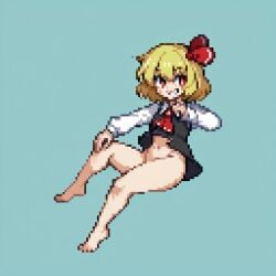 1girls ai_generated barefoot blonde_hair bottomless female full_body grin hair_ribbon long_sleeves looking_at_viewer pixel_art red_eyes red_ribbon ribbon rumia sharp_teeth shirt short_hair smile solo solo_female sprite sprite_art touhou vest