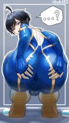 1boy ahoge anus ass backsack balls black_hair bodysuit crouching femboy grabbing_ass looking_back male obuk182 oc original original_character presenting_ass presenting_hindquarters spoken_question_mark squatting