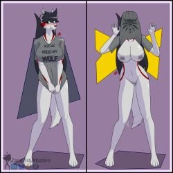1:1 1girls arm_markings barefoot big_breasts black_border black_hair blush bodily_fluids border bottomless bottomless_female breasts canid canine canis chest_markings clothed clothing facial_markings feet female flashing flashing_breasts flashing_pussy fur furry genital_fluids grey_body grey_fur hair hands_down hands_up head_markings hi_res inverted_nipples long_hair looking_away mammal markings meme meme_clothing nervous nervous_smile nipples no_bra no_panties no_underwear red_markings shaded shirt shirt_only shirt_over_face simple_background smile solo standing tail tail_motion tailwag the_witcher toothy_smile topwear topwear_only vaginal_fluids watermark wolf wolf_girl zara_(zaraunitymasters) zaraunitymasters