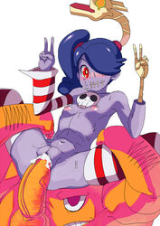 blue_hair blue_skin blush breasts cum cum_inside derivative_work detached_sleeves double_v drawfag female flat_chest flat_chested hair_over_one_eyes leviathan_(skullgirls) long_hair monster_girl naked_thighhighs nipples nude ponytail pussy red_eyes scar sex side_ponytail skullgirls sleeves_past_wrist small_breasts solo squigly stitches striped striped_legwear sweat thighhighs tied_hair v vaginal_penetration yellow_eyes zombie