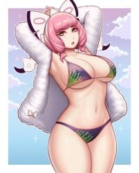 1girls armpits arms_up bikini blush bow breasts carrion_art cleavage coat drill_hair female flipped_hair fur_coat fur_jacket green_bikini hairband hairbow highres jacket klara_(pokemon) large_breasts mole mole_under_mouth multicolored_bikini navel nintendo open_clothes open_coat open_jacket open_mouth pink_hair pokemon pokemon_ss purple_bikini short_hair solo stomach swimsuit twin_drills two-tone_bikini white_bow white_coat white_fur white_hairband white_jacket