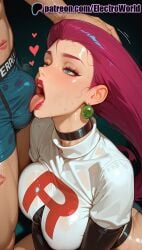1boy 1girls 2025 ai_generated artist_name blue_eyes blush breasts breasts breasts bulge bust chest cock dick earrings electroworld erection erection_under_clothes female heart hi_res high_quality high_resolution highres jessie_(pokemon) jewelry licking lipstick lipstick_mark makeup patreon patreon_username penis pokemon see-through stable_diffusion straight tongue watermark wet wet_clothes wet_shirt