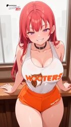 ai_generated boosterred99 collar female from_below hooters hooters_(parody) hooters_uniform illustrious_(stable_diffusion) kiriru large_breasts long_hair orange_shorts pony_diffusion_xl purple_eyes purple_hair red_hair restaurant seductive_smile shorts shounen_ga_otona_ni_natta_natsu stable_diffusion t-shirt thighs white_t-shirt