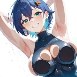 1girl 1girls against_fourth_wall against_glass against_surface ai_generated aimoonshine armpits arms_behind_head arms_up bare_shoulders belle_(zenless_zone_zero) blue_hair blush breast_press breasts breasts_on_glass cleavage cleavage_cutout clothing_cutout collarbone crossed_bangs dripping dutch_angle ear_piercing earrings female female_only green_eyes grin hair_between_eyes hair_ornament hairclip jewelry large_breasts looking_at_viewer mihoyo one-piece_swimsuit piercing presenting_armpit short_hair sideboob simple_background smile solo solo_female swimsuit teeth tight_clothing turtleneck upper_body wet wet_body white_background zenless_zone_zero