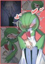 akacolor ass_visible_through_thighs averting_eyes blush bob_cut breath close-up closed_eyes closed_mouth colored_skin commentary_request disembodied_hand drooling embarrassed female female_orgasm fingering flat_chest gardevoir green_hair green_skin hair_over_eyes hair_over_one_eye half-closed_eyes hand_to_own_mouth hand_up heart highres interspecies lifting_own_clothes looking_to_the_side multicolored_skin multiple_views no_pussy nose_blush notice_lines one_eye_covered orgasm outline pokemon pokemon_(creature) puff_of_air red_background red_eyes saliva short_hair speech_bubble spoken_blush sweat trembling two-tone_skin u_u wavy_mouth white_outline white_skin