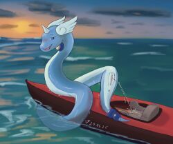 2025 anus biped blue_body blush boat digital_media_(artwork) dragonair female female_feral female_peeing feral forehead_horn generation_1_pokemon genitals hi_res nintendo outside peeing pokemon pokemon_(species) pussy sea solo valrionwrites vehicle vulva water watercraft white_body