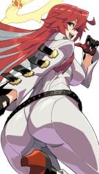 1girls ass bodysuit breasts broken_halo colored_inner_hair female from_behind from_below gloves green_eyes guilty_gear guilty_gear_strive halo highres jack-o'_valentine large_breasts long_hair multicolored_hair open_mouth red_hair simple_background smile solo spiked_halo teeth two-tone_hair upper_teeth_only websake white_background white_bodysuit white_hair