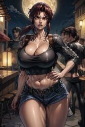 1girls abs ai_generated angry angry_face annoyed_expression black_lagoon breasts cleavage erect_nipples female holster holster_strap hourglass_figure huge_breasts jean_shorts midriff nipples_visible_through_clothing revy shirt short_shorts shorts shoulder_holster tagme tattoo the_hotshot thick_thighs wide_hips
