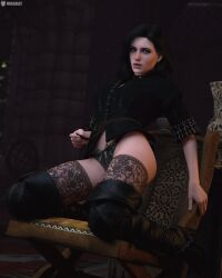 3d ass black_hair cd_projekt_red female high_heel_boots light-skinned_female looking_at_viewer mascara missally panties purple_eyes solo solo_female stockings the_witcher_(series) the_witcher_3:_wild_hunt yennefer