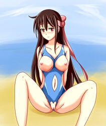 aveve beach blush breastless_clothes breasts brown_hair crotchless crotchless_swimsuit female long_hair looking_at_viewer nipples pussy red_eyes sitting smile solo spread_legs swimsuit uncensored water