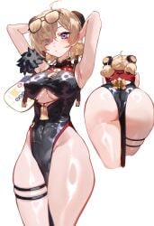 absurdres ahoge armpits arms_behind_head ass bent_over black_dress blonde_hair blush breasts china_dress chinese_clothes cleavage_cutout closed_mouth clothing_cutout cropped_legs cutout_above_navel dress eyes_visible_through_hair eyewear_on_head feet_out_of_frame female foolish_potato glasses hair_over_one_eye hashtag-only_commentary highres large_breasts looking_at_viewer multiple_views pelvic_curtain purple_eyes shiny_clothes shiny_skin simple_background sleeveless sleeveless_dress standing sweety_(zenless_zone_zero) thigh_strap underboob_cutout white_background zenless_zone_zero