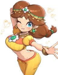 1girls arabian_clothes bandeau blue_eyes blush bracelet breasts brown_hair circlet crop_top earrings female flower_earrings flower_pendant gonzarez harem_pants highres jewelry large_breasts long_hair mario_(series) mario_kart mario_kart_world midriff navel necklace nintendo official_alternate_costume one_eye_closed open_mouth orange_pants pants princess_daisy princess_daisy_(oasis) puffy_short_sleeves puffy_sleeves short_hair short_sleeves smile solo stomach yellow_bandeau yellow_pants