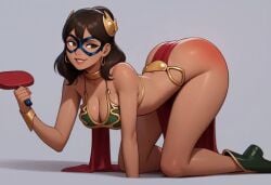 1girls ai_generated all_fours arabian bikini bra brown_eyes brown_hair dark-skinned_female female heroine kamala_khan marvel marvel_comics muslim paddle pinup red_ass slave_leia_(cosplay) smile star_wars