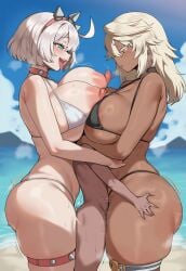 1boy 2girls ai_generated ass big_breasts bikini blonde_hair dark-skinned_female dark_skin elphelt_valentine female green_eyes guilty_gear guilty_gear_strive hair_ornament huge_breasts light-skinned_female light_skin male orange_eyes ramlethal_valentine tharkica white_hair