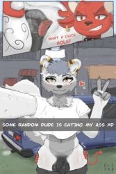 anal anthro anus ass black_anus bovid butt_grab canid canine car clothing demon duo english_text femboy flaccid fox genitals grey_body grin hame89 hame_the_bull hand_on_butt hi_res horn male male/male mammal oral outside penis piercing public public_nudity public_sex red_body red_eyes rimming ring_piercing sam_nevadito selfie sex shirt small_penis smile spread_butt spreading t-shirt text topwear vehicle yellow_eyes