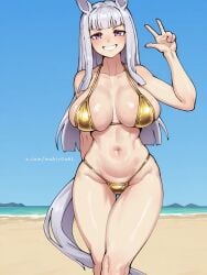 ai_generated alternate_breast_size beach_background big_breasts bikini child_bearing_hips civitai commentary_request female gold_bikini gold_ship_(umamusume) high_resolution highres horse_ears horse_girl huge_breasts large_breasts looking_at_viewer magenta_eyes mahir0n ocean purple_hair sand silver_hair smile solo solo_female solo_focus tagme thick_thighs umamusume umamusume_pretty_derby v_sign water white_skin
