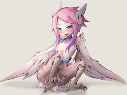 1girls bangs blue_eyes blush breasts bukkake cum cum_on_body cum_on_breasts cum_on_upper_body dgallon earrings feathers gradient_hair grey_background harpy harpy_(mon-musu_quest!) jewelry looking_at_viewer monster_girl monster_girl_quest multicolored_hair payot pink_hair purple_hair shadow simple_background source_request talons topless