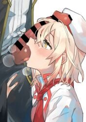 1boy absurdres alice_(egocentric_patissiere)_(tales) alice_(tales) bar_censor blonde_hair blush censored commission female grabbing_another's_thighs hat highres mogamiya_honu official_alternate_costume oral pants penis penis_on_face regal_bryan short_hair steam straight tales_of_(series) tales_of_symphonia tales_of_symphonia_knight_of_ratatosk tales_of_the_rays testicle_sucking tongue tongue_out white_background yellow_eyes