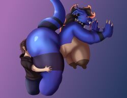 absurd_res amora_(warbeast6969) anthro ass bandai_namco big_breasts big_butt black_hair breasts brown_hair brown_nipples claws clothing collar digimon digimon_(species) duo fangs female glowing glowing_eyes growlmon hair hanging_breasts hi_res human male male/female mammal multicolored_hair nipples orange_hair ring_(jewelry) scalie size_difference slightly_chubby slightly_chubby_female teeth thick_thighs two_tone_hair zortrex