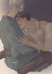 2boys black_hair blush cheating cheating_husband dilf gay gegege_no_kitarou hair_over_one_eye implied_handjob japanese_clothes kimono kitarou_tanjou_gegege_no_nazo male male_only medama_oyaji_(human) mizuki_(gegege_no_kitarou) no_visible_genitalia open_shirt scar scar_across_eye sitting sweat tank_top undershirt white_hair yaoi