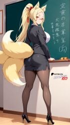 ai_generated ass ass_focus blonde_hair boosterred99 fox_ears fox_tail from_behind from_behind_position full_body fully_clothed glasses hair_ornament heels high_heels high_school_dxd illustrious_(stable_diffusion) legs long_hair pantyhose pencil_skirt pony_diffusion_xl school seductive_smile shirt smile teacher teacher_outfit yasaka_(high_school_dxd) yellow_eyes