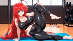 ai_generated barefoot blue_eyes boosterred99 full_body fully_clothed gym high_school_dxd illustrious_(stable_diffusion) large_breasts navel pants pony_diffusion_xl red_hair rias_gremory seductive_smile thighs yoga_mat yoga_pants yoga_pose