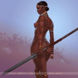 2d african african_female black_hair curly_hair dark-skinned_female exposed_breasts frans_mensink mostly_nude naked outdoor_nudity outdoors spear tribal tribal_clothing tribal_markings white_body_markings