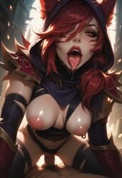 ahe_gao ai_generated breasts cowgirl_position female huge_breasts league_of_legends pierced_nipples pleasure_face xayah