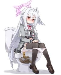 aku0 black_neckerchief black_thighhighs blue_archive blush brown_shoes closed_mouth collar commentary commission female full_body grey_jacket grey_skirt halo head_wings highres id_card jacket long_hair looking_to_the_side neck_ribbon neckerchief panties panty_pull pixiv_commission purple_halo red_eyes ribbon scat shirt shoes simple_background single_head_wing skirt solo suzumi_(blue_archive) sweat symbol-only_commentary thighhighs toilet_use trinity_general_school_logo underwear very_long_hair white_background white_collar white_hair white_panties white_shirt wings