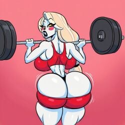 ai_generated ass ass_cleavage ass_crack ass_focus back_view backboob black_nails black_panties blonde_hair blush_stickers breasts butt_crack charlie_morningstar_(hazbin_hotel) civitai crop_top female gym_clothing hair_tie hazbin_hotel huge_ass huge_breasts looking_at_viewer looking_back makeup ohhie simple_background spindlehorse_toons sun1sol_(style) tight_clothing vivienne_medrano vivziepop weightlifting
