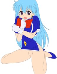 1girls aqua_hair breasts busakumas female highres legs long_hair miniskirt no_panties photoshop purple_eyes pussy skirt stewardess tenjouin_katsura thighs upskirt vector_trace yat_anshin_uchuu_ryokou