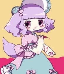 anthro blood blood_leaking bloodletting blush bodily_fluids bow_ribbon clothing dress female fur gore hair headgear headwear heart_eyes heart_symbol multicolored_body multicolored_fur pawpads pink_eyes purple_body purple_fur purple_hair pyonko self-harm solo solo_focus syringe white_body white_fur wound_on_arm wounded