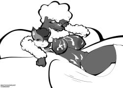 after_sex aftercare anthro arm_around_partner bed bodily_fluids bootlegjones breasts bukkake calico_cat canid canine canis covering cuddling cum cum_in_vagina cum_inside cum_on_belly cum_on_body cum_on_breasts cum_on_face domestic_cat domestic_dog drained duo felid feline felis female furniture genital_fluids hi_res hunter_(hhdrawer) looking_down_at_partner looking_pleasured male male/female mammal monochrome partial_nudity poodle sleeping sui_(suicunicide)